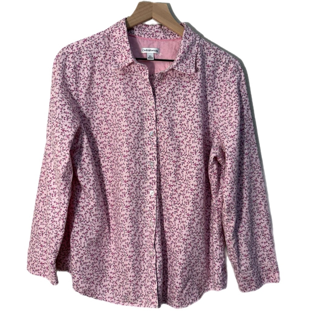 Croft & Barrow 100% Cotton Pinstripe Ditsi Floral Button-Down Shirt Pink XL